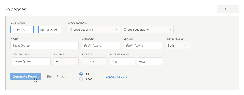 Filter options in the Expenses Analytics report