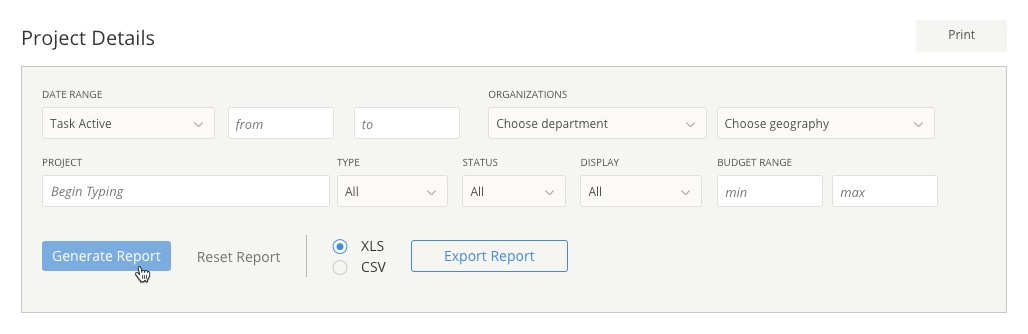 Filter options for the Project Details Analytics report